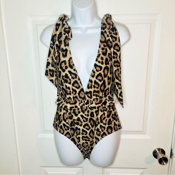 Unique Vintage Leopard Print Plunge Neck One Piece Swimsuit Bow Shoulder M NWT - Picture 5 of 13